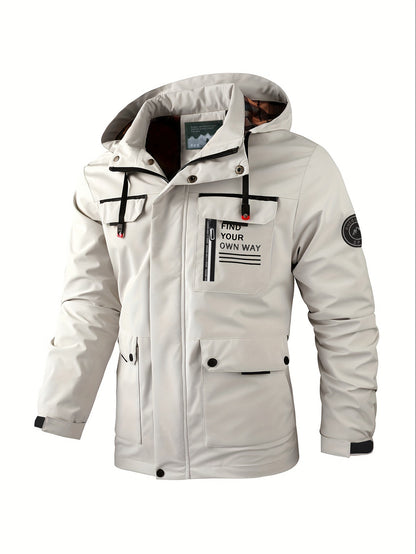 KZZ Men's letter-printed button pocket zipper hooded waterproof jacket