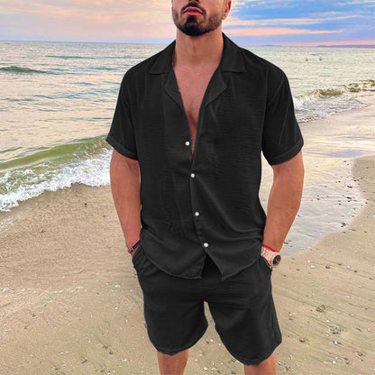 KZZ Men's Solid Color Shirt and Elastic Waist Shorts Set