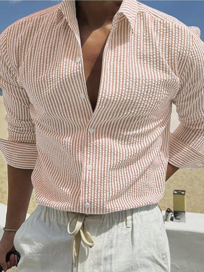 KZZ Men's Striped Print Long Sleeve Shirt, Casual Comfy Top