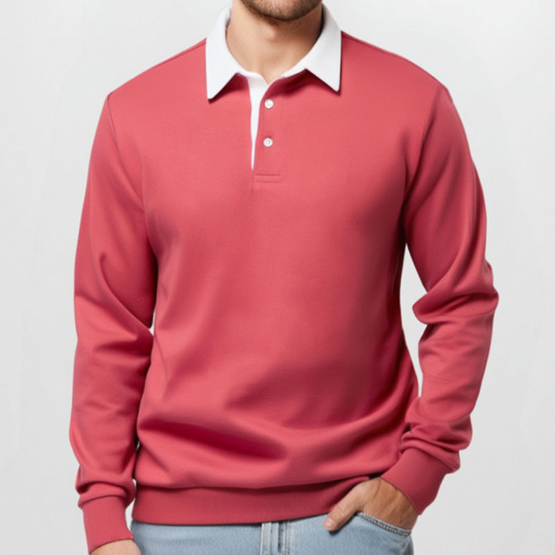 KZZ Men's Loose Fit Colorblock Collar Long Sleeve Polo Shirt
