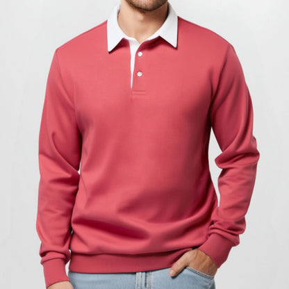 KZZ Men's Loose Fit Colorblock Collar Long Sleeve Polo Shirt