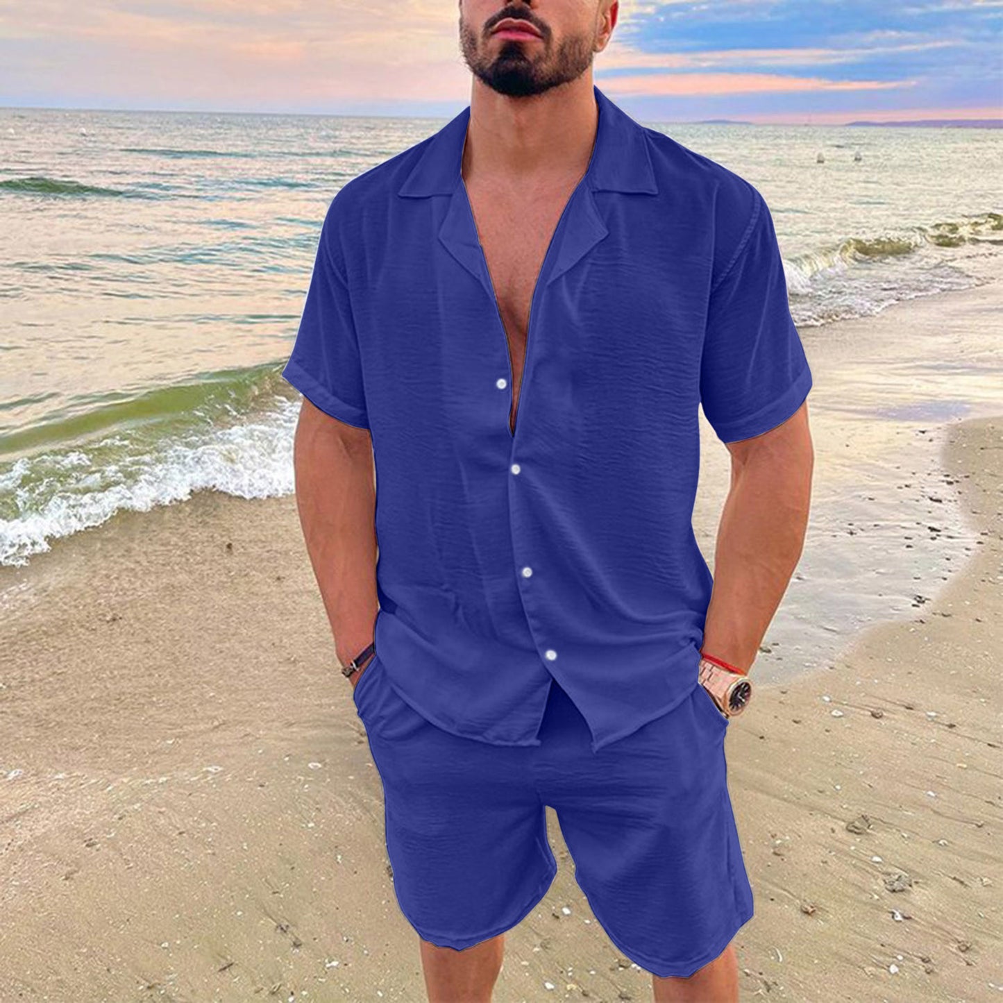 KZZ Men's Solid Color Shirt and Elastic Waist Shorts Set