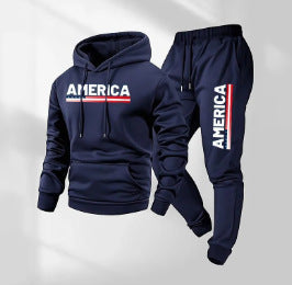 KZZ Men's America Letter Printed Hoodie and Drawstring Sweatpants Set