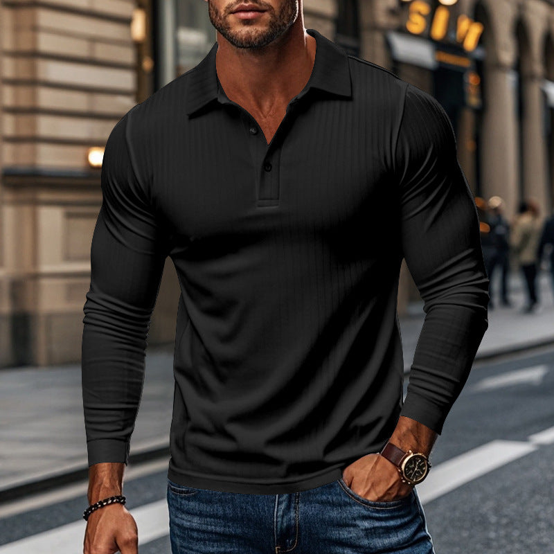 KZZ Men's Ribbed Texture Long Sleeve Polo Shirt