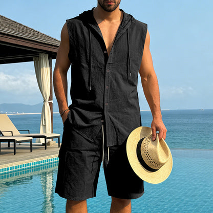 KZZ Loose-Fit, Breathable Linen Summer Set: Hooded Sleeveless Shirt & Cargo Shorts