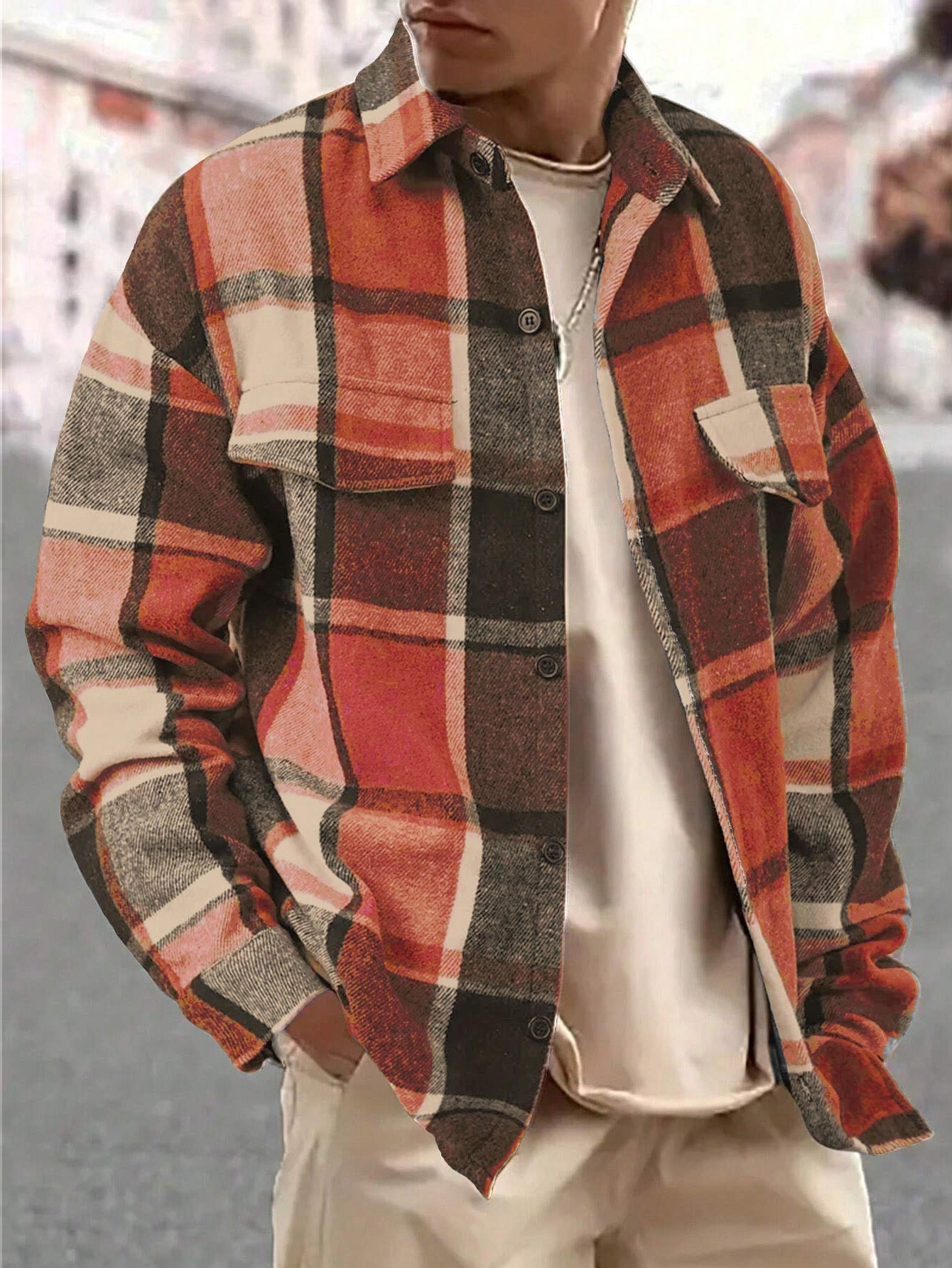 KZZ Men's Casual Loose-Fit Plaid Shirt,Vintage Style Long Sleeve Button Front Top