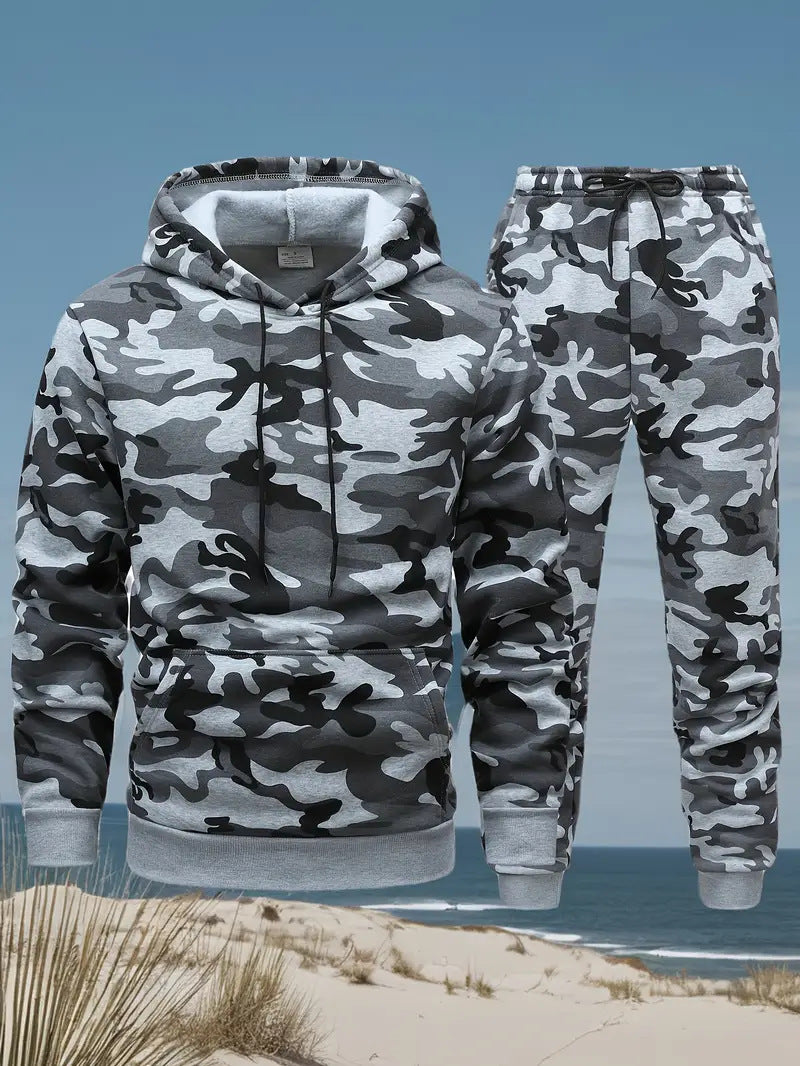 KZZ Men's Camouflage Hoodie Long Sleeve Pullover, Cuffed Jogger Pants Set