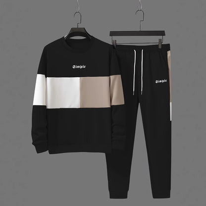 KZZ Men's Patchwork Letter Print Sweatshirt & Drawstring Waist Sweatpants Set