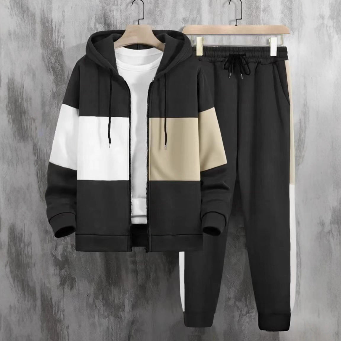 KZZ Men's clothing, two-piece contrasting long sleeved zipper hooded jacket and drawstring pants