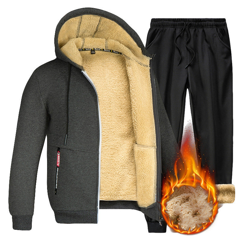 KZZ Two-piece Set Men's Solid Zip Up Hooded Jacket & Drawstring Waist Pants Set