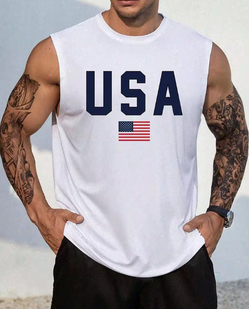 KZZ Men's Letter & Flag Print Round Neck Shirt