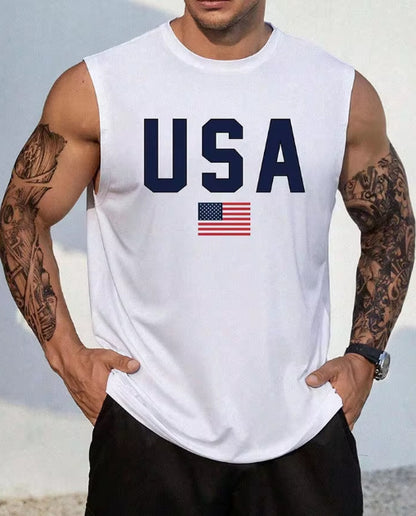 KZZ Men's Letter & Flag Print Round Neck Shirt