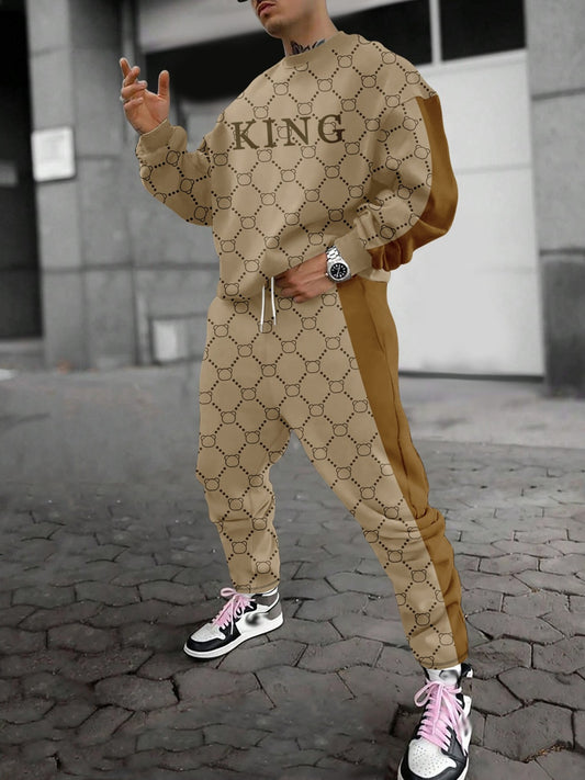 KZZ 3D Printed Drop Shoulder Round Neck Long Pants Two-Piece