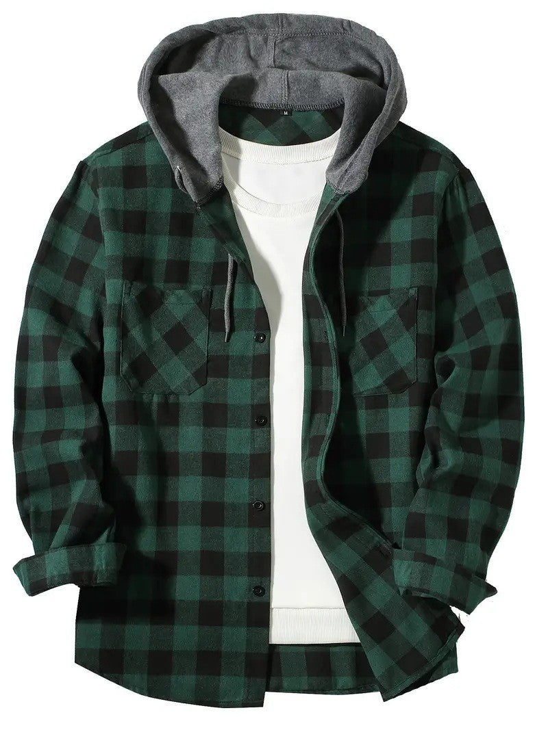 KZZ Plaid Patchwork Button Front Hooded Jacket