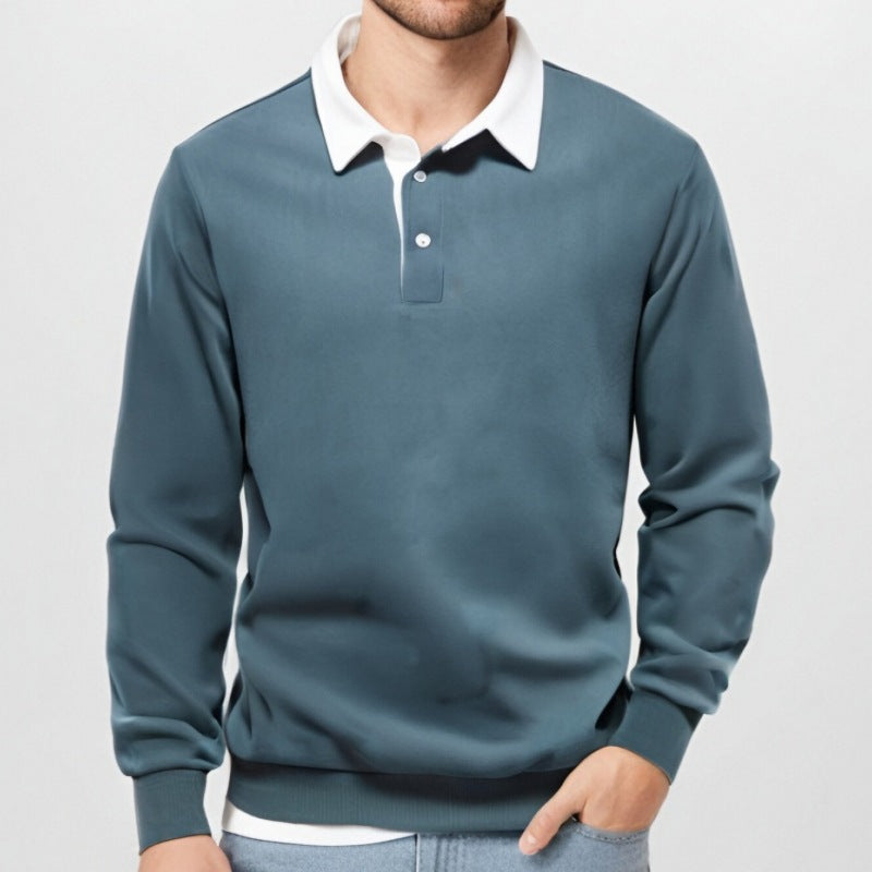 KZZ Men's Loose Fit Colorblock Collar Long Sleeve Polo Shirt