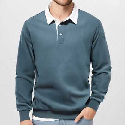 KZZ Men's Loose Fit Colorblock Collar Long Sleeve Polo Shirt