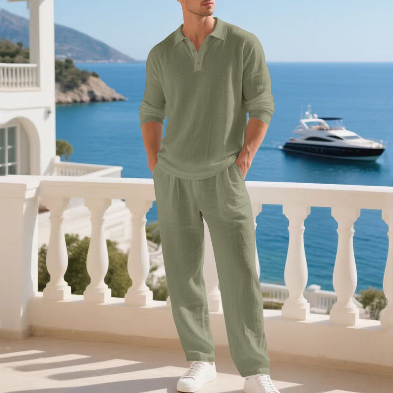 KZZ Men's Linen Polo Shirt & Pants Set