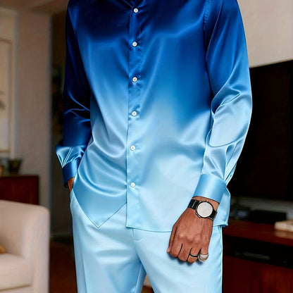 KZZ Men's Milk Silk Stand Collar Long Sleeve Button-Up Shirt Set
