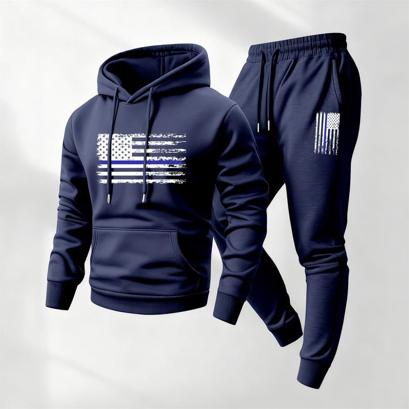 KZZ Men's America Flag Printed Hoodie and Drawstring Sweatpants Set