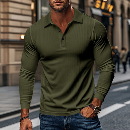 KZZ Men's Ribbed Texture Long Sleeve Polo Shirt