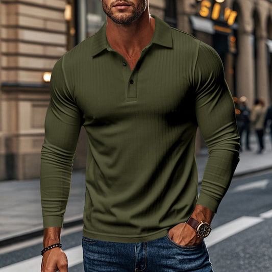 KZZ Men's Ribbed Texture Long Sleeve Polo Shirt