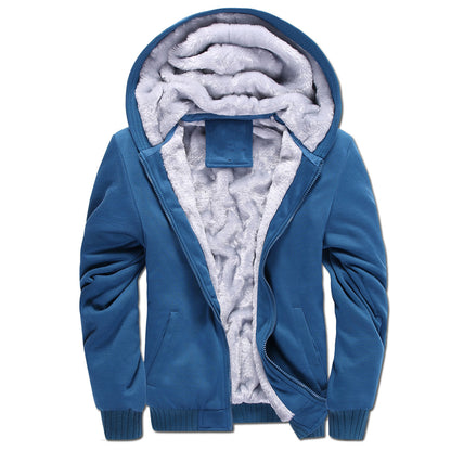 KZZ Thickened Fleece Solid Color Hooded Cardigan - Men's Winter Sweatshirt Jacket
