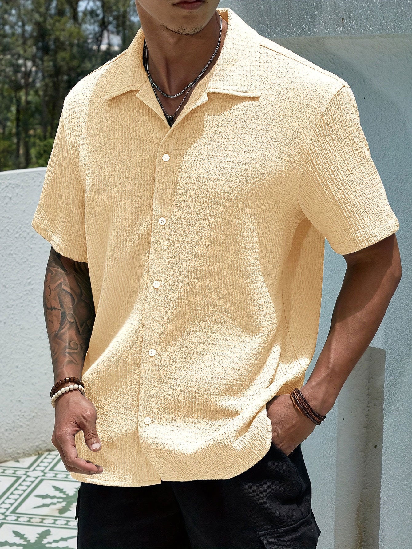 KZZ Men's Casual Button Down Textured Button Front Shirt