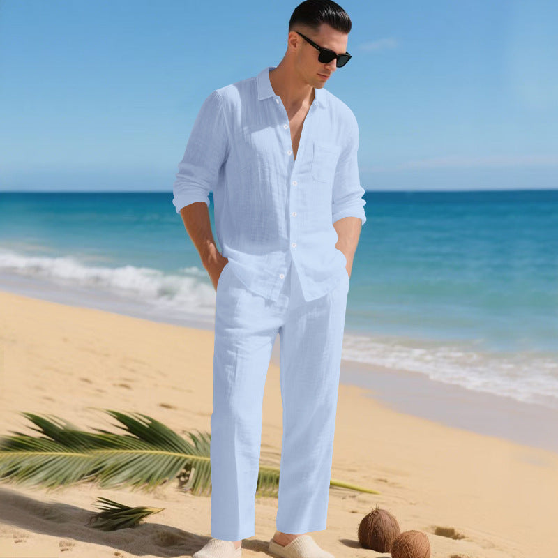 KZZ Men's Summer Linen Shirt & Pants Set