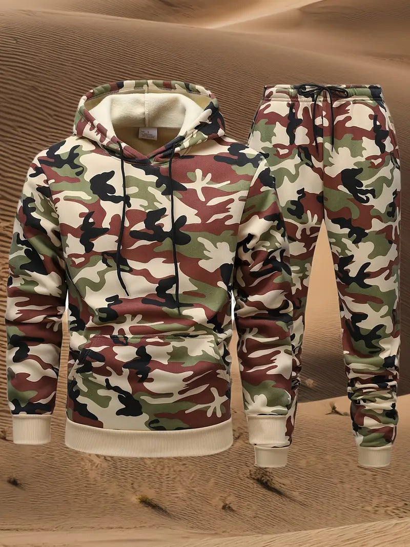 KZZ Men's Camouflage Hoodie Long Sleeve Pullover, Cuffed Jogger Pants Set