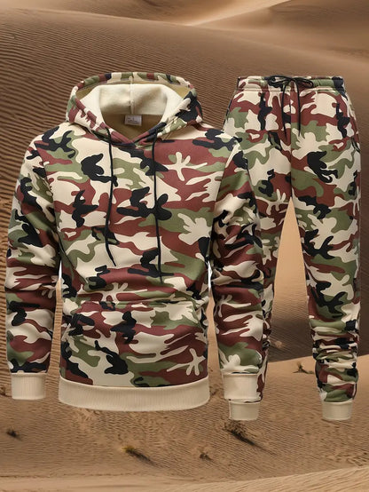 KZZ Men's Camouflage Hoodie Long Sleeve Pullover, Cuffed Jogger Pants Set