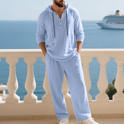 KZZ Men's Trendy Linen Hooded Two-Piece Set, Loose Fit Breathable Fabric, Hoodie & Wide-Leg Pants