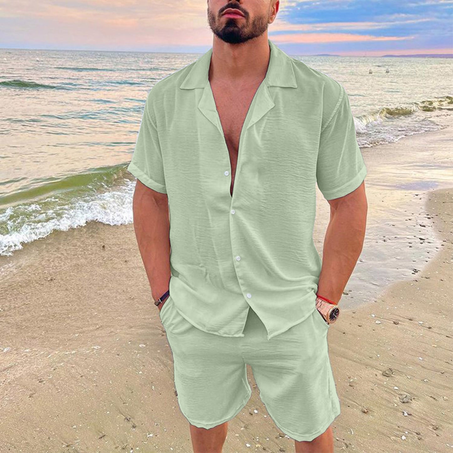 KZZ Men's Solid Color Shirt and Elastic Waist Shorts Set