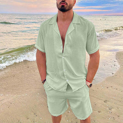 KZZ Men's Solid Color Shirt and Elastic Waist Shorts Set