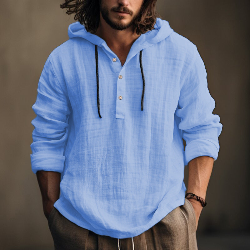 KZZ Men's Casual Long Sleeve Hooded Linen Shirt