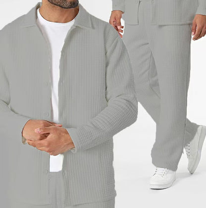 KZZ Men's Casual Outdoor Solid Color Long Sleeve Shirt and Pants Set