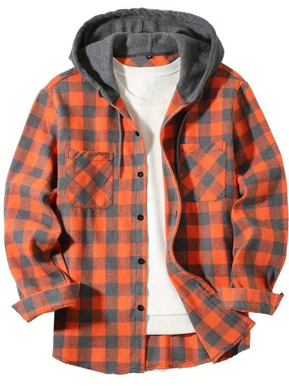 KZZ Plaid Patchwork Button Front Hooded Jacket