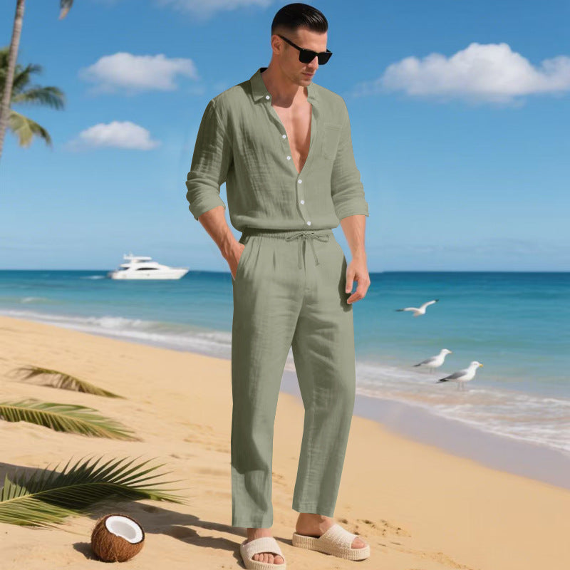 KZZ Men's Summer Linen Shirt & Pants Set