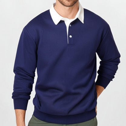 KZZ Men's Loose Fit Colorblock Collar Long Sleeve Polo Shirt