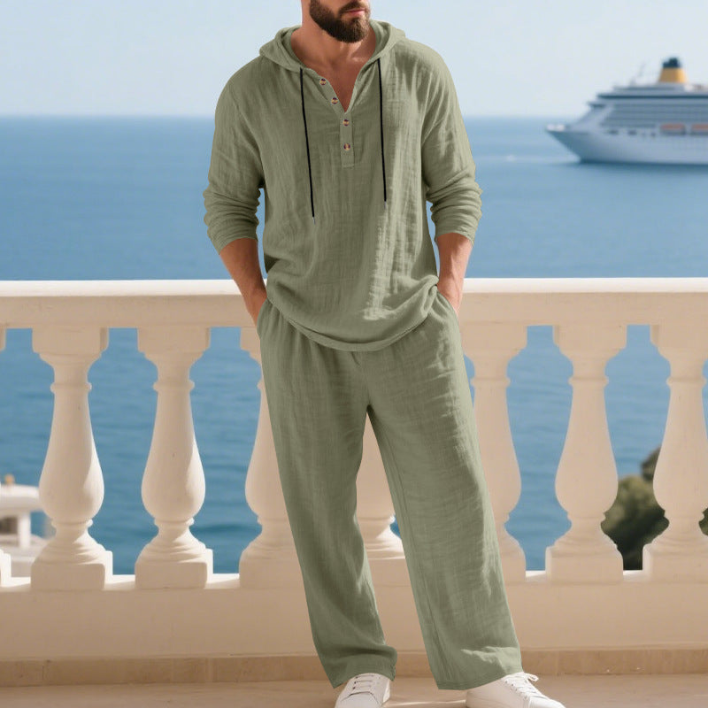 KZZ Men's Trendy Linen Hooded Two-Piece Set, Loose Fit Breathable Fabric, Hoodie & Wide-Leg Pants