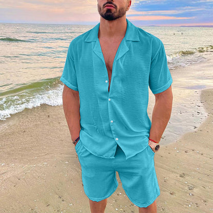 KZZ Men's Solid Color Shirt and Elastic Waist Shorts Set
