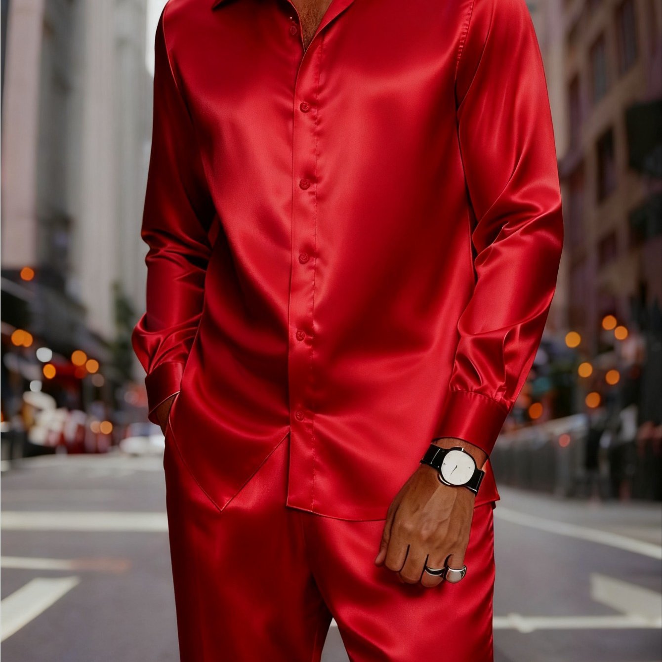 KZZ Men's Milk Silk Stand Collar Long Sleeve Button-Up Shirt Set