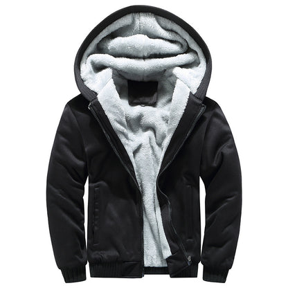 KZZ Thickened Fleece Solid Color Hooded Cardigan - Men's Winter Sweatshirt Jacket
