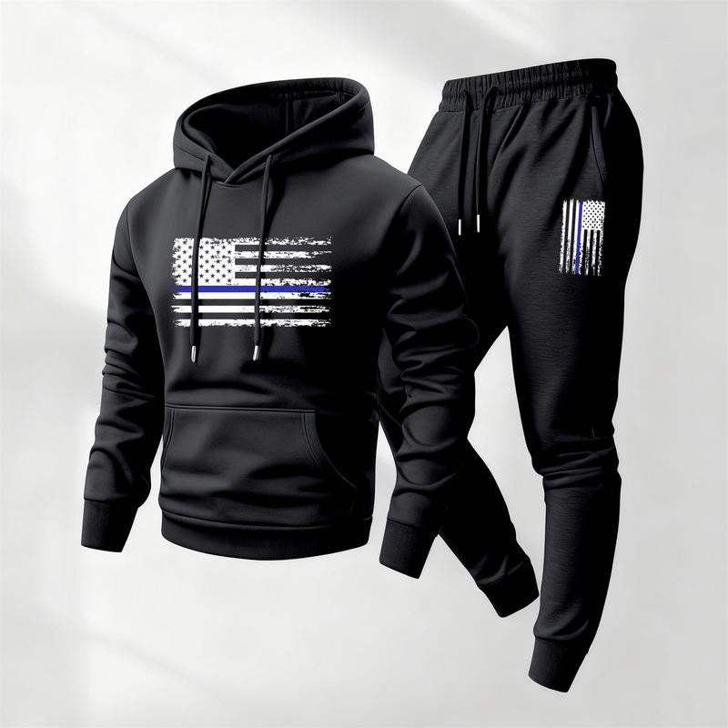 KZZ Men's America Flag Printed Hoodie and Drawstring Sweatpants Set