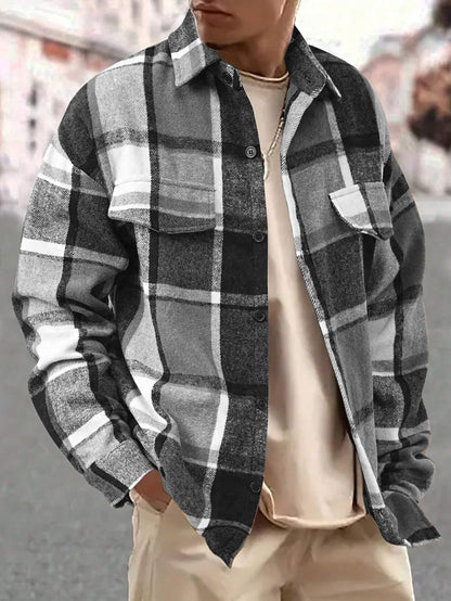 KZZ Men's Casual Loose-Fit Plaid Shirt,Vintage Style Long Sleeve Button Front Top