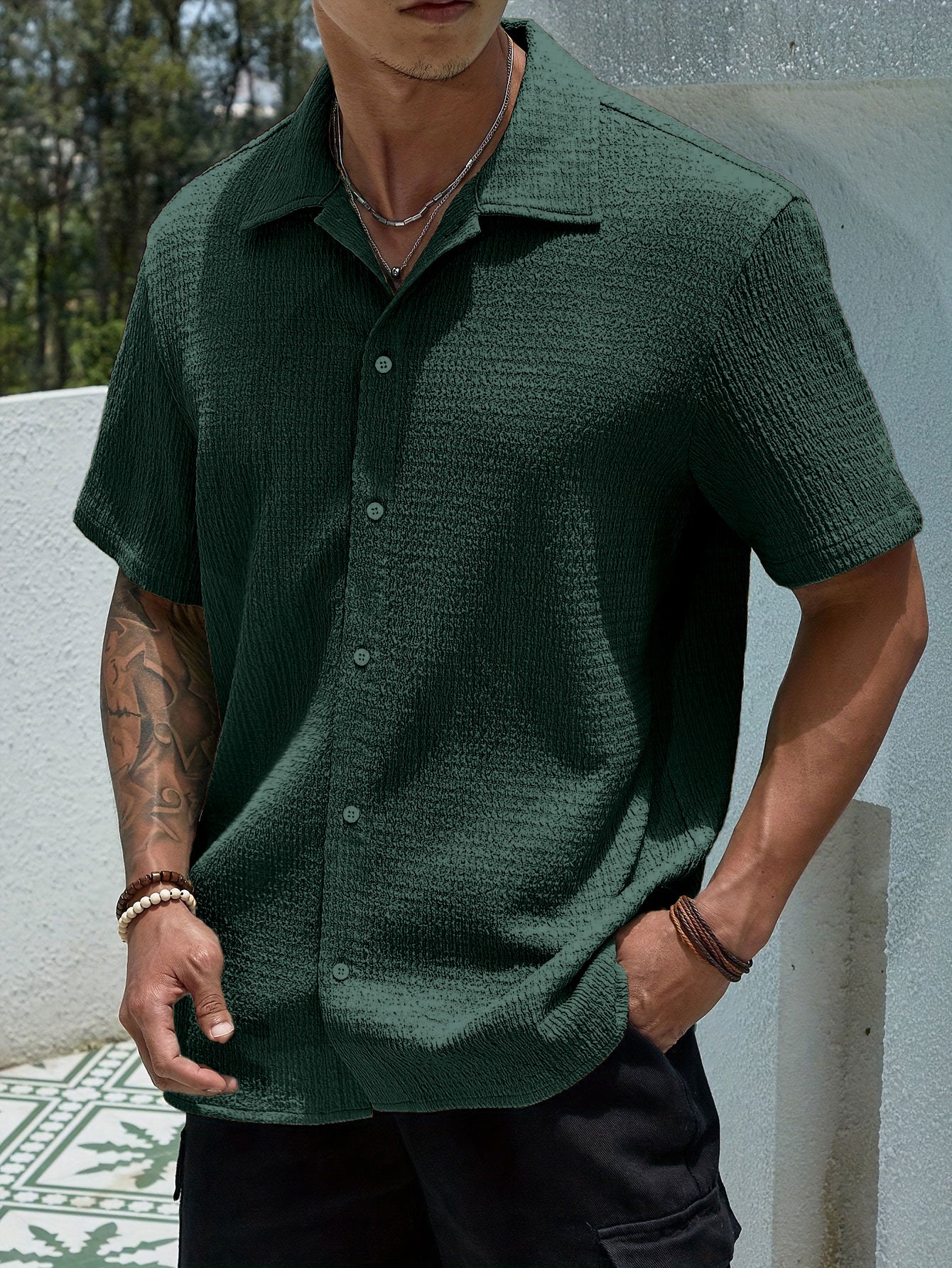 KZZ Men's Casual Button Down Textured Button Front Shirt