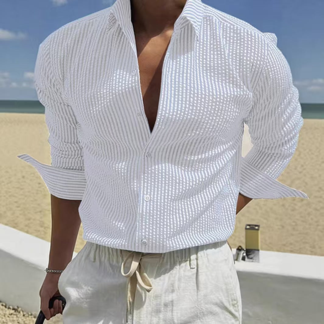 KZZ Men's Striped Print Long Sleeve Shirt, Casual Comfy Top