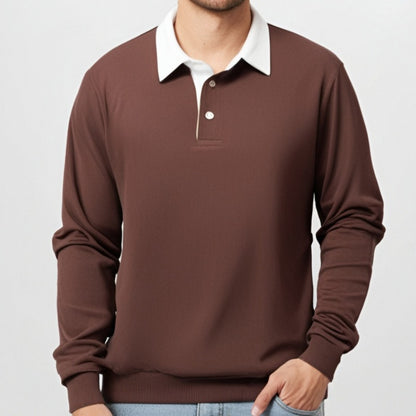 KZZ Men's Loose Fit Colorblock Collar Long Sleeve Polo Shirt