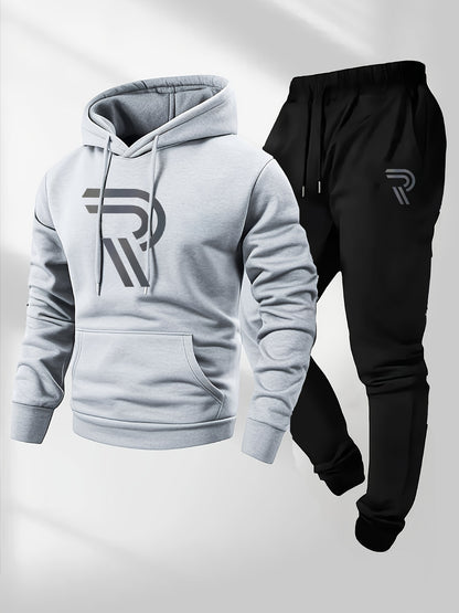 KZZ Men's sports two-piece hooded sweatshirt and pants set