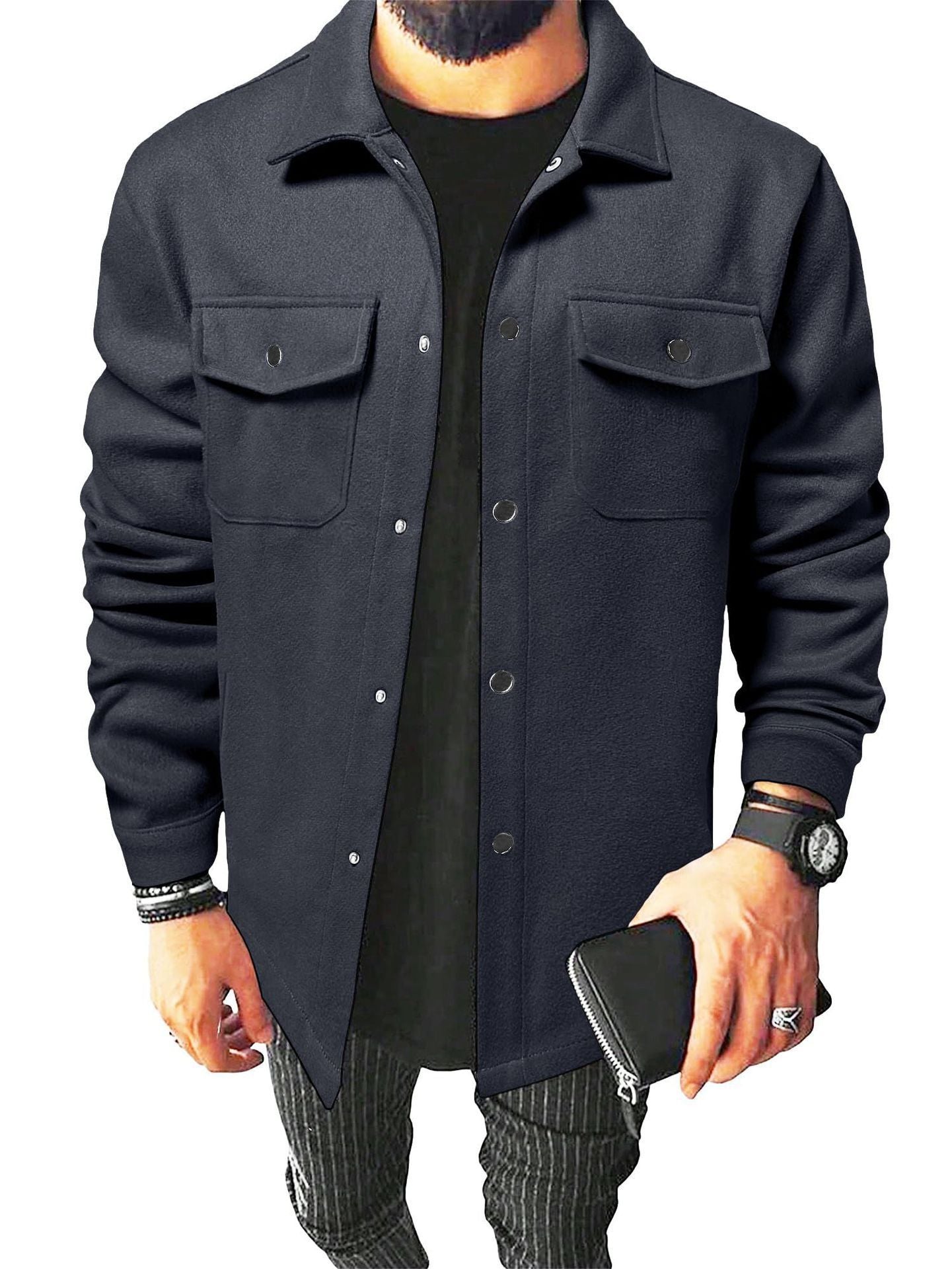 KZZ Men's Simple Woolen Jacket Coat, Fashion Casual Design