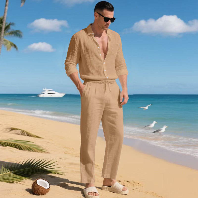 KZZ Men's Summer Linen Shirt & Pants Set
